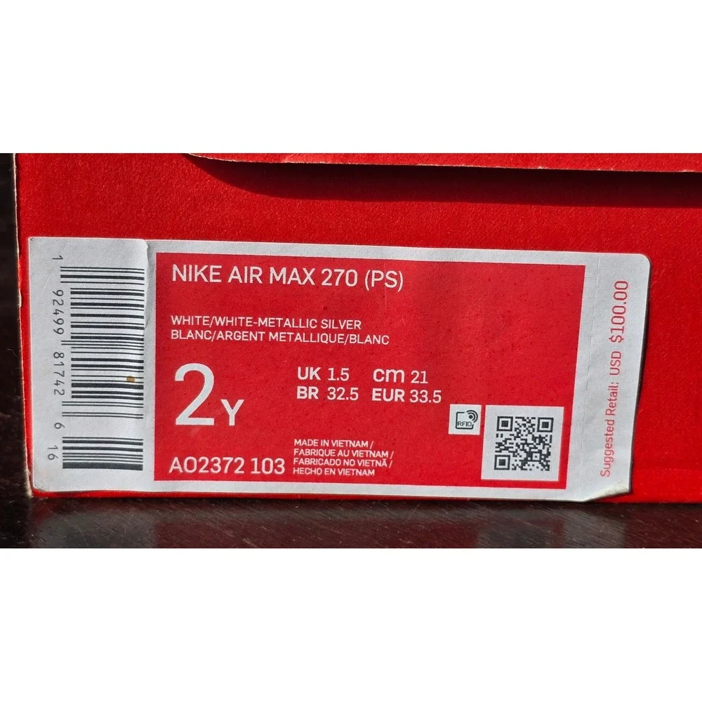 Nike Air Max 270 White‎ Sneakers Youth Size 2Y